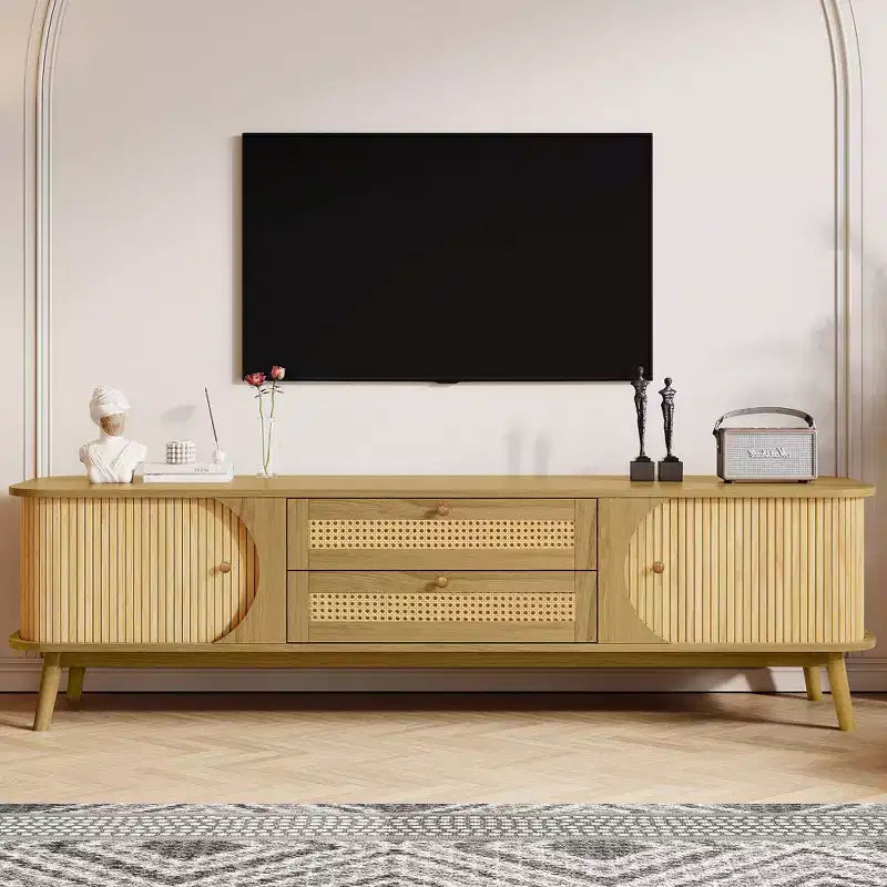 Meuble TV en rotin naturel de 170 cm pour téléviseurs jusqu'à 75 pouces, console média avec pieds en bois massif pour salon et home cinéma