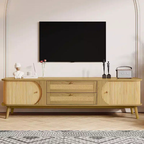Meuble TV en rotin naturel de 170 cm pour téléviseurs jusqu'à 75 pouces, console média avec pieds en bois massif pour salon et home cinéma