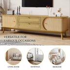 Meuble TV en rotin naturel de 170 cm pour téléviseurs jusqu'à 75 pouces, console média avec pieds en bois massif pour salon et home cinéma