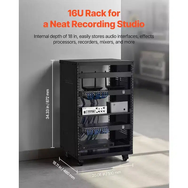 Rack AV VEVOR 16U, Capacité max. 90 kg, Rack de studio d'enregistrement à domicile avec roulettes verrouillables, Armoire de serveur à cadre ouvert, Conception spéciale d'aération, Noir