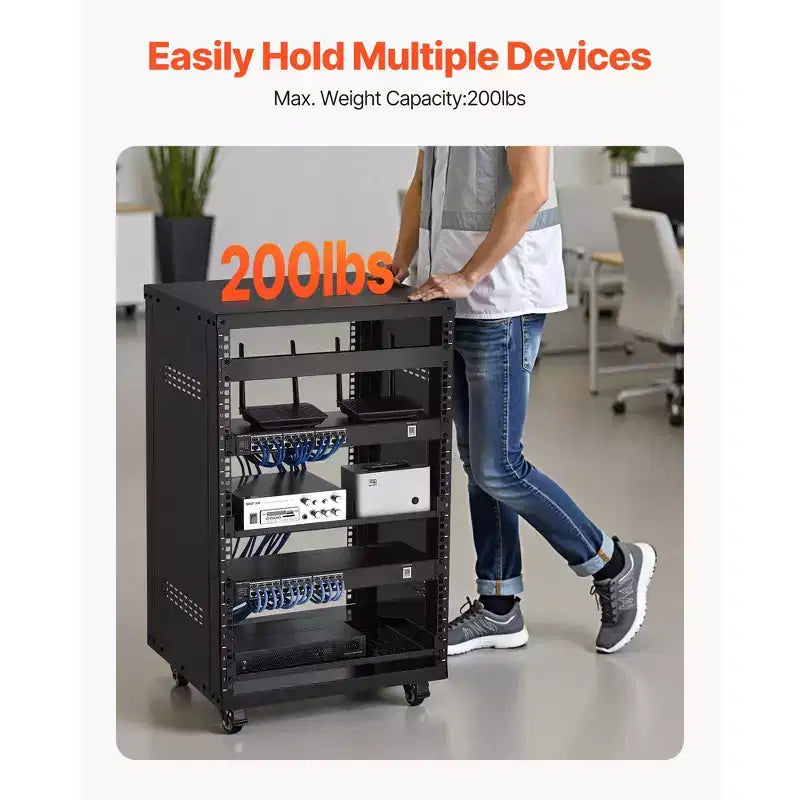 Rack AV VEVOR 16U, Capacité max. 90 kg, Rack de studio d'enregistrement à domicile avec roulettes verrouillables, Armoire de serveur à cadre ouvert, Conception spéciale d'aération, Noir