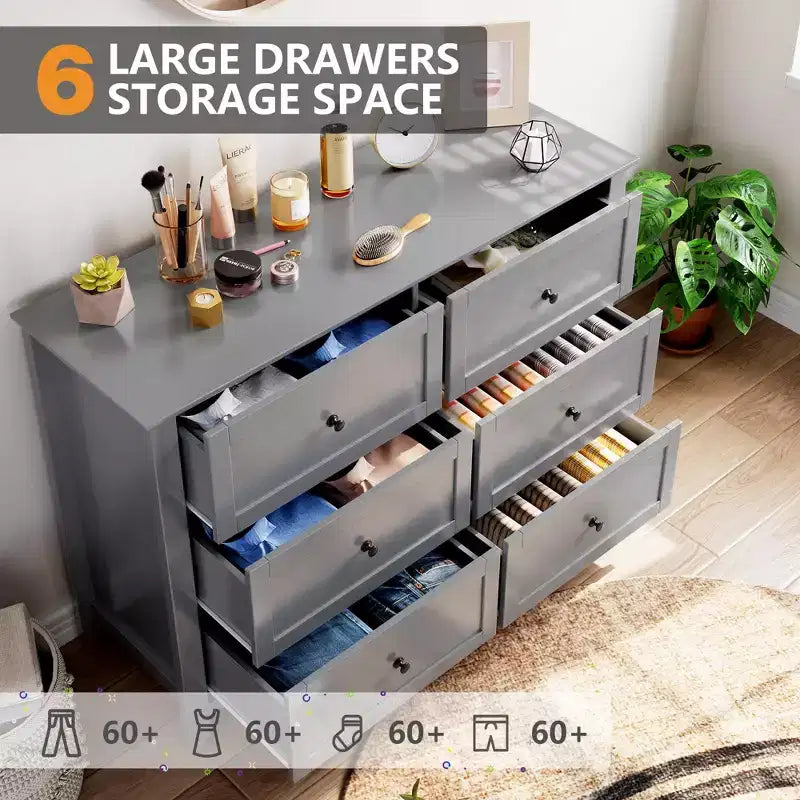 Commode à 6 tiroirs pour chambre à coucher, lot de 2 commodes de style rustique en bois pour vêtements, commodes de rangement avec poignées et tiroirs profonds