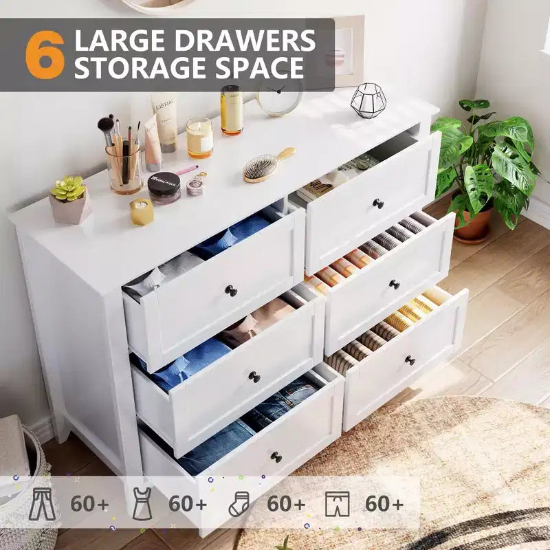 Commode à 6 tiroirs pour chambre à coucher, lot de 2 commodes de style rustique en bois pour vêtements, commodes de rangement avec poignées et tiroirs profonds
