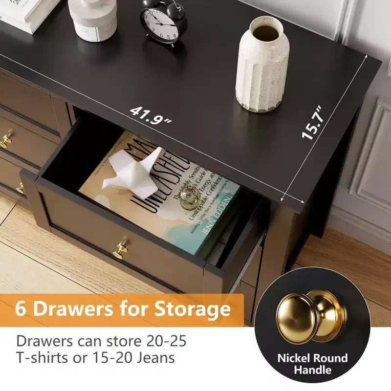Commode à 6 tiroirs pour chambre à coucher, lot de 2 commodes de style rustique en bois pour vêtements, commodes de rangement avec poignées et tiroirs profonds