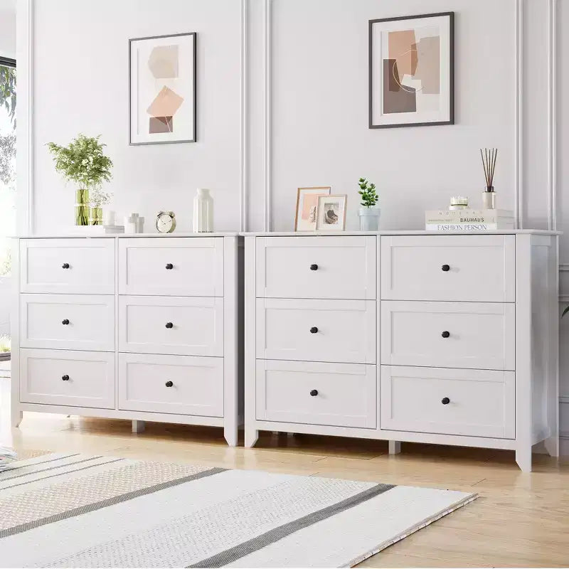 Commode à 6 tiroirs pour chambre à coucher, lot de 2 commodes de style rustique en bois pour vêtements, commodes de rangement avec poignées et tiroirs profonds