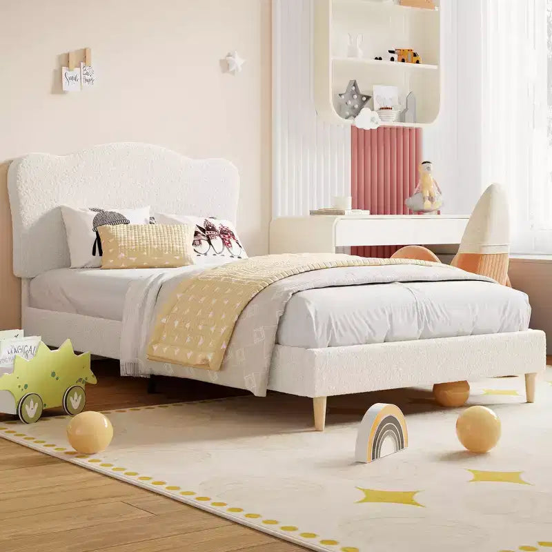 Cadre de lit double pour enfants avec tête de lit mignonne, lit plateforme rembourré en velours pour filles et garçons, pas besoin de sommier tapissier avec lattes en bois