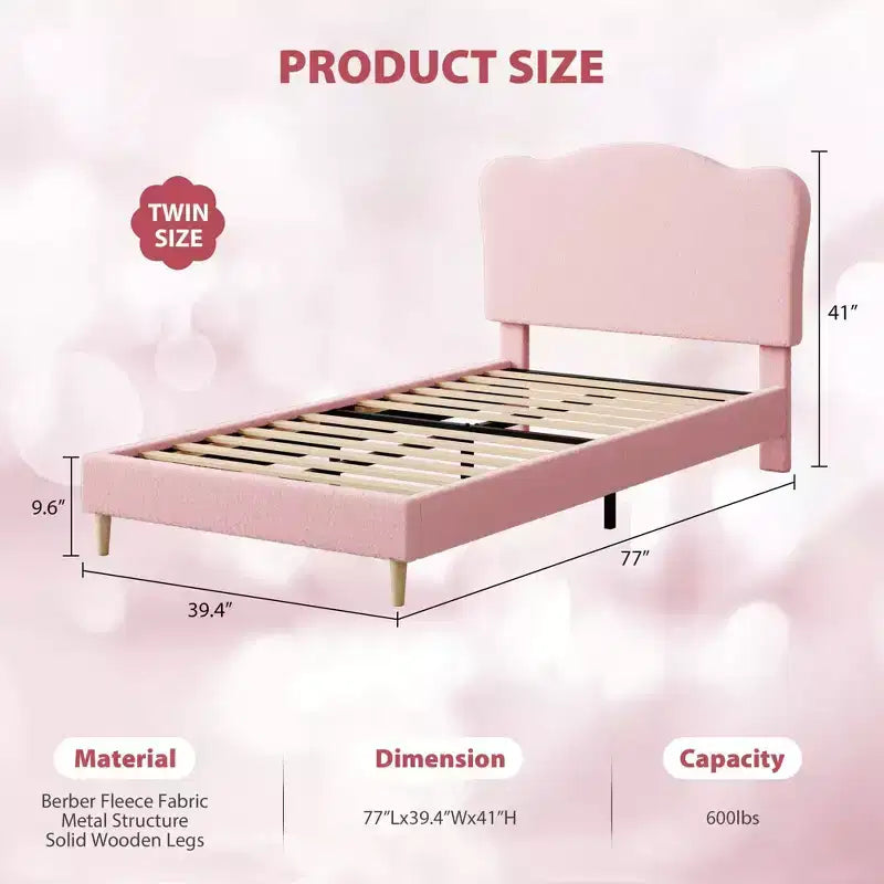 Cadre de lit double pour enfants avec tête de lit mignonne, lit plateforme rembourré en velours pour filles et garçons, pas besoin de sommier tapissier avec lattes en bois