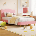 Cadre de lit double pour enfants avec tête de lit mignonne, lit plateforme rembourré en velours pour filles et garçons, pas besoin de sommier tapissier avec lattes en bois