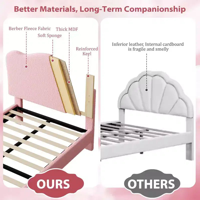 Cadre de lit double pour enfants avec tête de lit mignonne, lit plateforme rembourré en velours pour filles et garçons, pas besoin de sommier tapissier avec lattes en bois