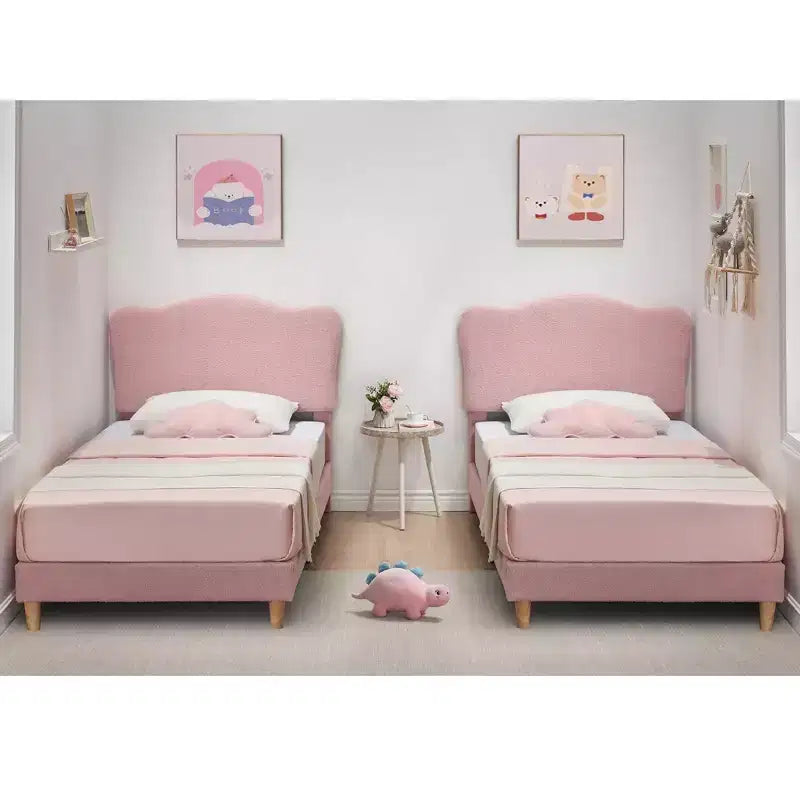 Cadre de lit double pour enfants avec tête de lit mignonne, lit plateforme rembourré en velours pour filles et garçons, pas besoin de sommier tapissier avec lattes en bois