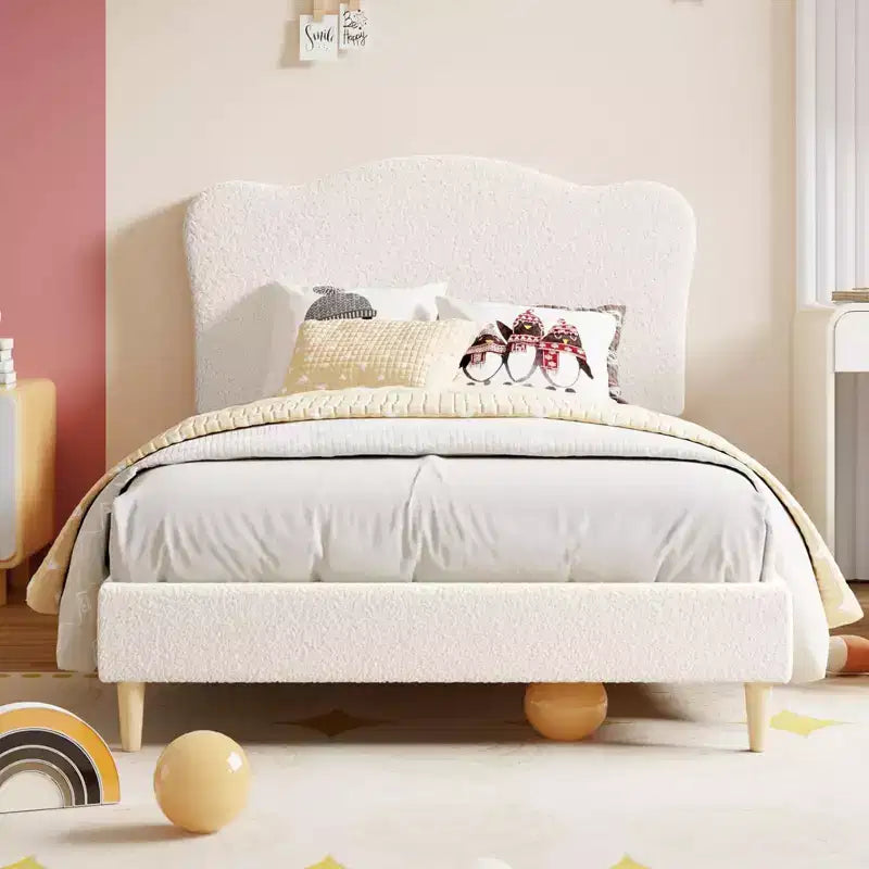 Cadre de lit double pour enfants avec tête de lit mignonne, lit plateforme rembourré en velours pour filles et garçons, pas besoin de sommier tapissier avec lattes en bois