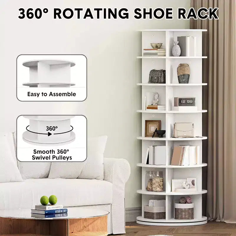 Tour de rangement rotative pour chaussures à 7 niveaux, organisateur de chaussures rotatif à 360° avec rangement pour 28 à 32 paires, carrousel d'affichage de chaussures blanc sur pied