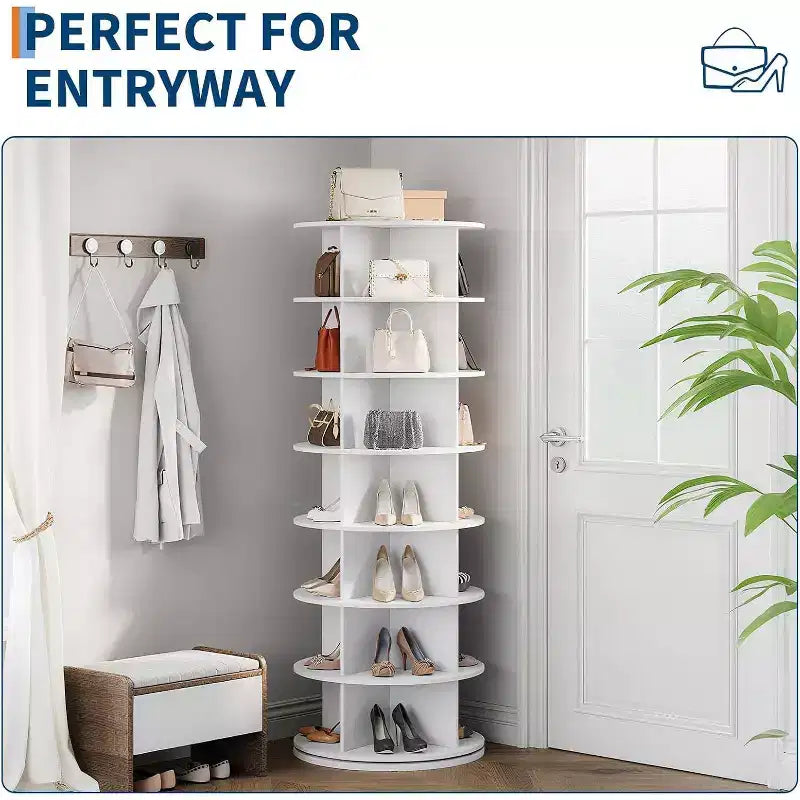 Tour de rangement rotative pour chaussures à 7 niveaux, organisateur de chaussures rotatif à 360° avec rangement pour 28 à 32 paires, carrousel d'affichage de chaussures blanc sur pied