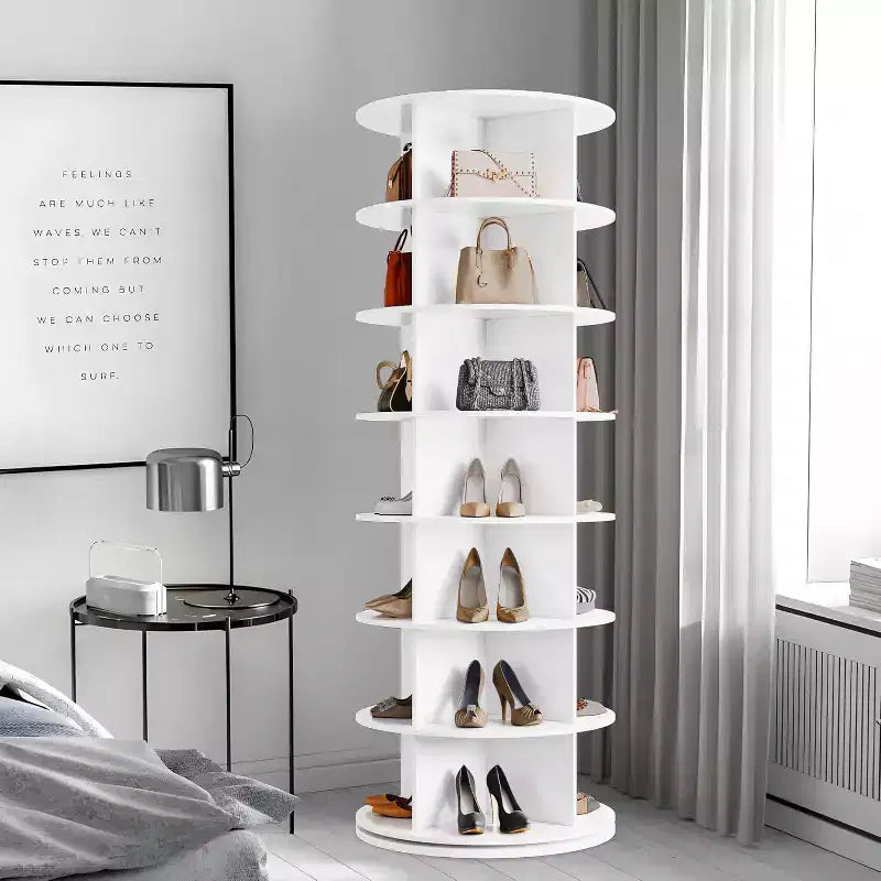 Tour de rangement rotative pour chaussures à 7 niveaux, organisateur de chaussures rotatif à 360° avec rangement pour 28 à 32 paires, carrousel d'affichage de chaussures blanc sur pied