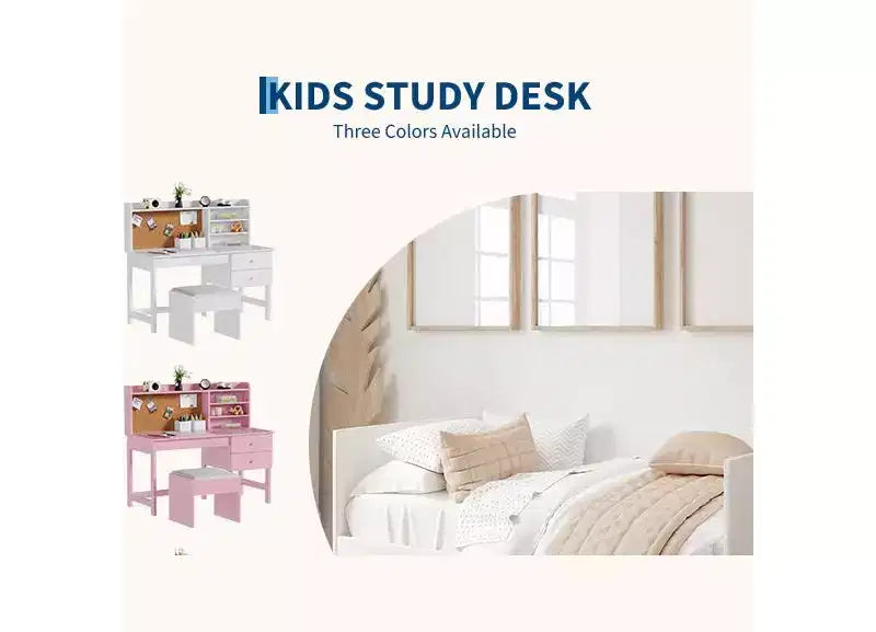 Ensemble bureau et chaise pour enfants, table d'étude en bois avec plateau inclinable réglable, tiroirs et tableau en liège - Ensemble bureau d'apprentissage scolaire pour enfants de 3 à 8 ans