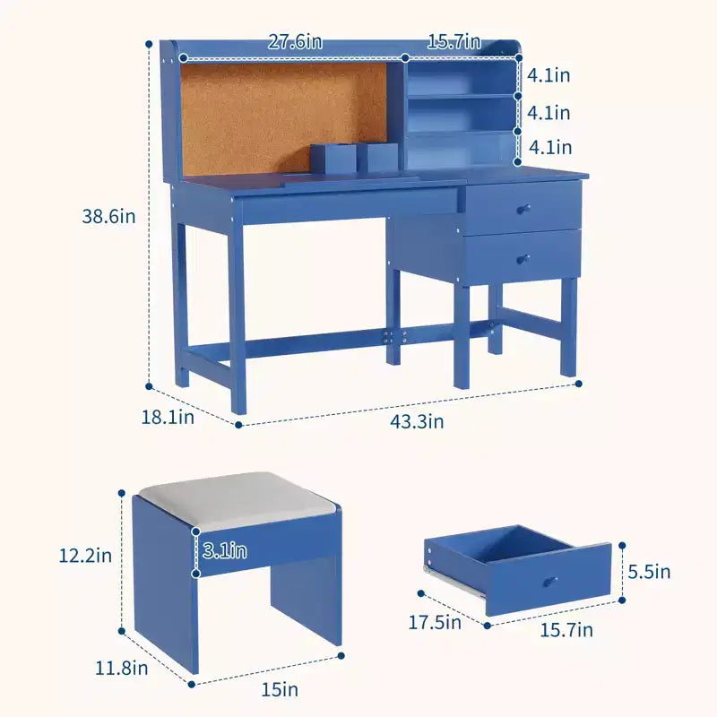Ensemble bureau et chaise pour enfants, table d'étude en bois avec plateau inclinable réglable, tiroirs et tableau en liège - Ensemble bureau d'apprentissage scolaire pour enfants de 3 à 8 ans