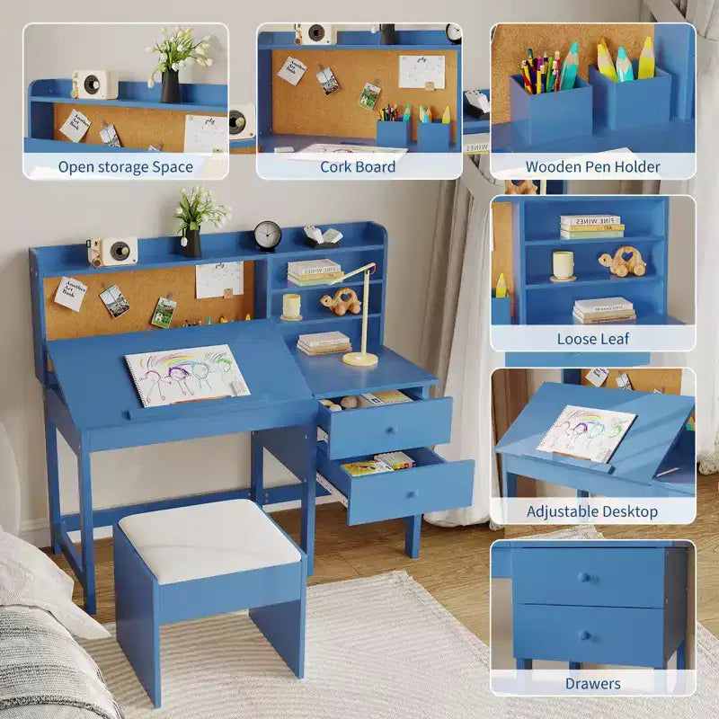 Ensemble bureau et chaise pour enfants, table d'étude en bois avec plateau inclinable réglable, tiroirs et tableau en liège - Ensemble bureau d'apprentissage scolaire pour enfants de 3 à 8 ans