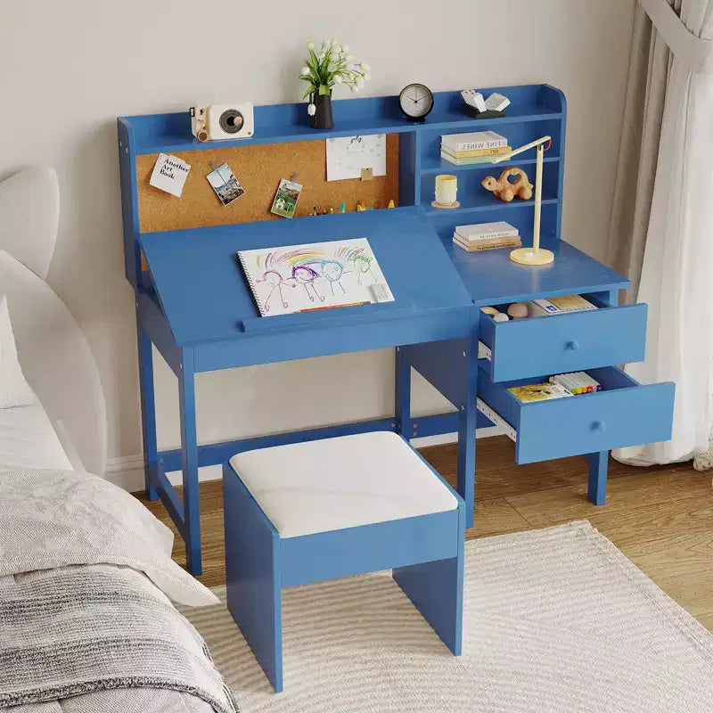 Ensemble bureau et chaise pour enfants, table d'étude en bois avec plateau inclinable réglable, tiroirs et tableau en liège - Ensemble bureau d'apprentissage scolaire pour enfants de 3 à 8 ans