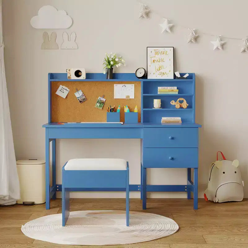 Ensemble bureau et chaise pour enfants, table d'étude en bois avec plateau inclinable réglable, tiroirs et tableau en liège - Ensemble bureau d'apprentissage scolaire pour enfants de 3 à 8 ans