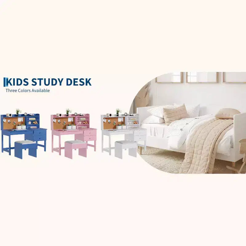 Ensemble bureau et chaise pour enfants, table d'étude en bois avec plateau inclinable réglable, tiroirs et tableau en liège - Ensemble bureau d'apprentissage scolaire pour enfants de 3 à 8 ans