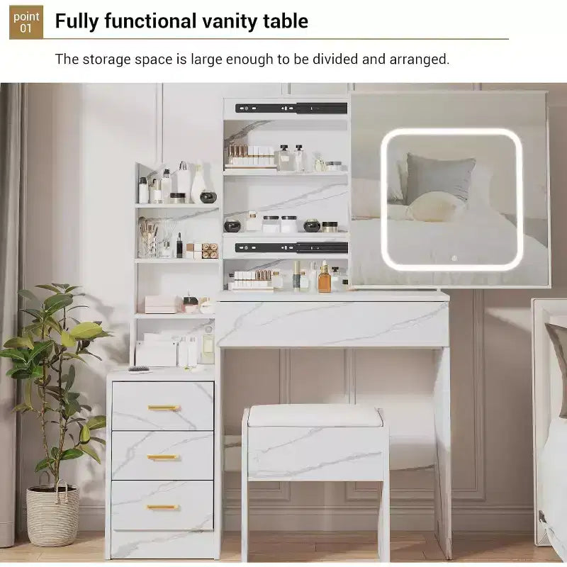 Coiffeuse avec miroir coulissant LED, 4 tiroirs, étagères de rangement, prise de courant et tabouret – Table de maquillage pour chambre à coucher, 3 lumières de couleur