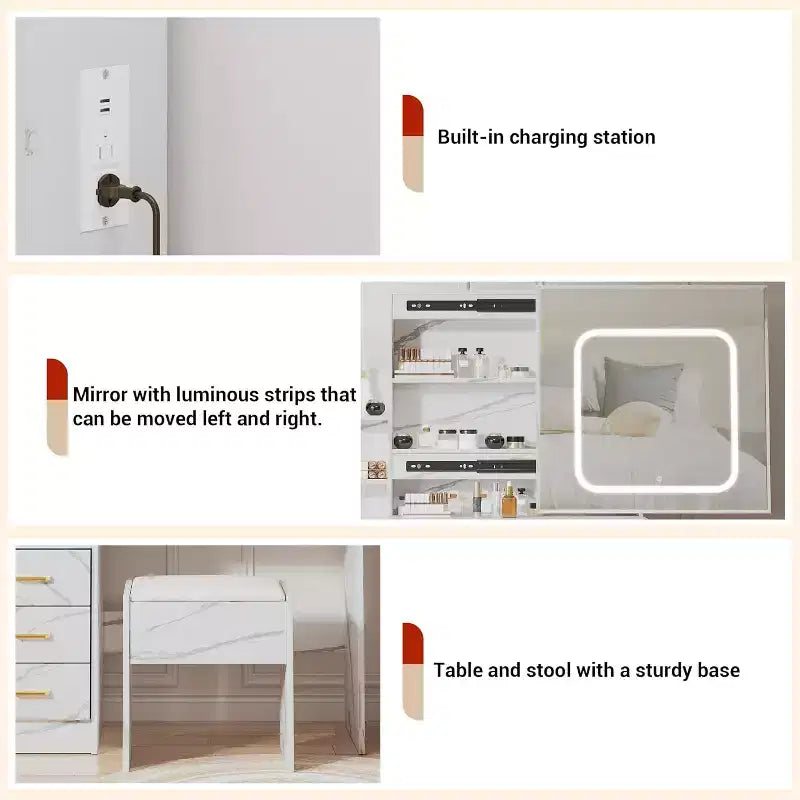 Coiffeuse avec miroir coulissant LED, 4 tiroirs, étagères de rangement, prise de courant et tabouret – Table de maquillage pour chambre à coucher, 3 lumières de couleur