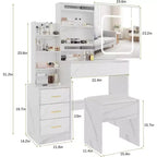 Coiffeuse avec miroir coulissant LED, 4 tiroirs, étagères de rangement, prise de courant et tabouret – Table de maquillage pour chambre à coucher, 3 lumières de couleur