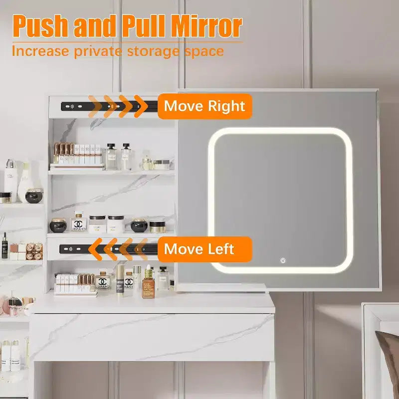 Coiffeuse avec miroir coulissant LED, 4 tiroirs, étagères de rangement, prise de courant et tabouret – Table de maquillage pour chambre à coucher, 3 lumières de couleur