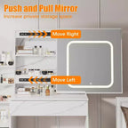 Coiffeuse avec miroir coulissant LED, 4 tiroirs, étagères de rangement, prise de courant et tabouret – Table de maquillage pour chambre à coucher, 3 lumières de couleur