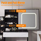 Coiffeuse avec miroir coulissant LED, 4 tiroirs, étagères de rangement, prise de courant et tabouret – Table de maquillage pour chambre à coucher, 3 lumières de couleur