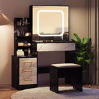 Coiffeuse avec miroir coulissant LED, 4 tiroirs, étagères de rangement, prise de courant et tabouret – Table de maquillage pour chambre à coucher, 3 lumières de couleur