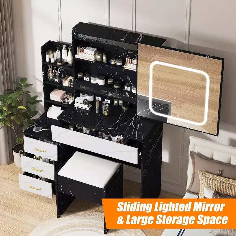 Coiffeuse avec miroir coulissant LED, 4 tiroirs, étagères de rangement, prise de courant et tabouret – Table de maquillage pour chambre à coucher, 3 lumières de couleur