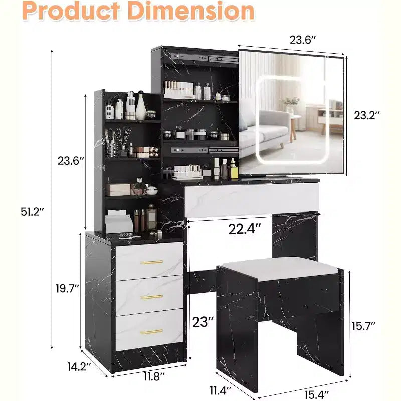 Coiffeuse avec miroir coulissant LED, 4 tiroirs, étagères de rangement, prise de courant et tabouret – Table de maquillage pour chambre à coucher, 3 lumières de couleur