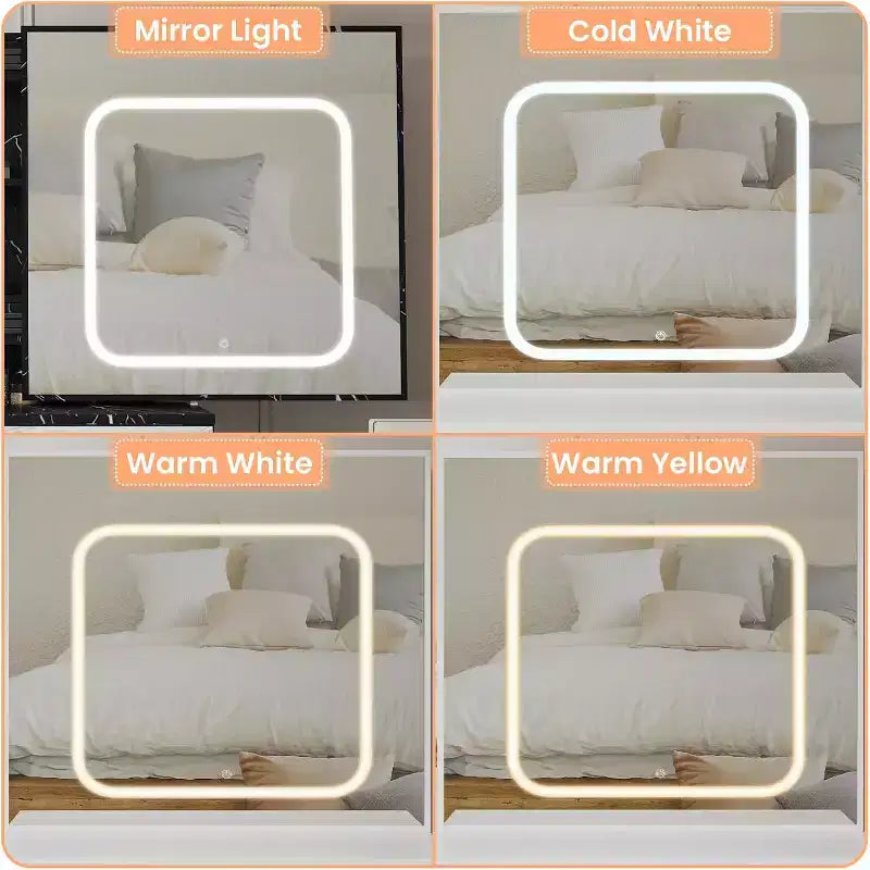 Coiffeuse avec miroir coulissant LED, 4 tiroirs, étagères de rangement, prise de courant et tabouret – Table de maquillage pour chambre à coucher, 3 lumières de couleur
