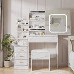 Coiffeuse avec miroir coulissant LED, 4 tiroirs, étagères de rangement, prise de courant et tabouret – Table de maquillage pour chambre à coucher, 3 lumières de couleur