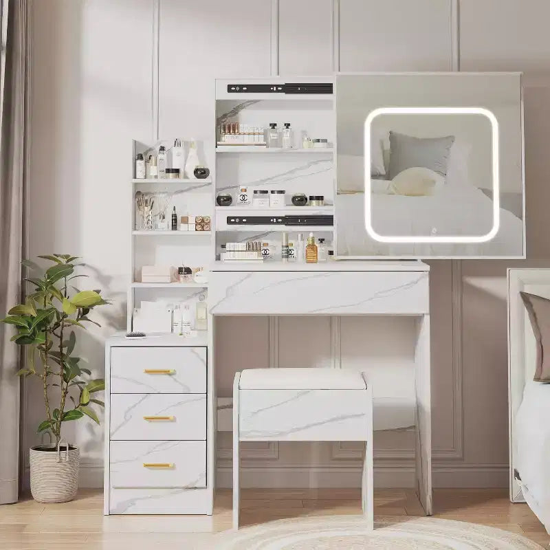Coiffeuse avec miroir coulissant LED, 4 tiroirs, étagères de rangement, prise de courant et tabouret – Table de maquillage pour chambre à coucher, 3 lumières de couleur