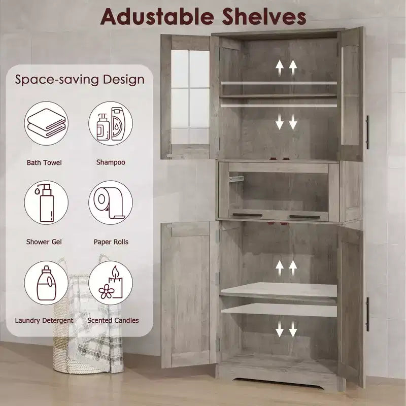 Meuble de salle de bain haut, armoire de rangement de 67 po avec portes vitrées et étagère réglable, armoire autoportante pour petits espaces, buanderie, salon