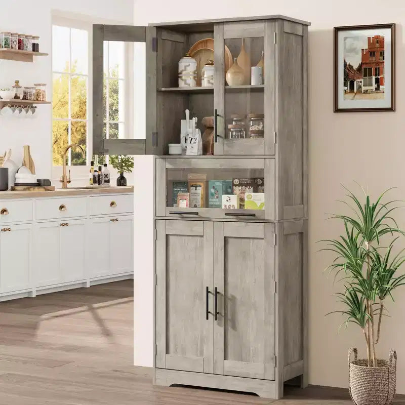 Meuble de salle de bain haut, armoire de rangement de 67 po avec portes vitrées et étagère réglable, armoire autoportante pour petits espaces, buanderie, salon