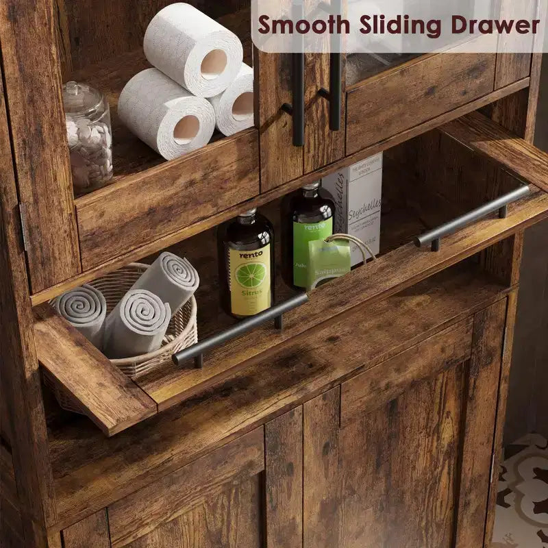 Meuble de salle de bain haut, armoire de rangement de 67 po avec portes vitrées et étagère réglable, armoire autoportante pour petits espaces, buanderie, salon