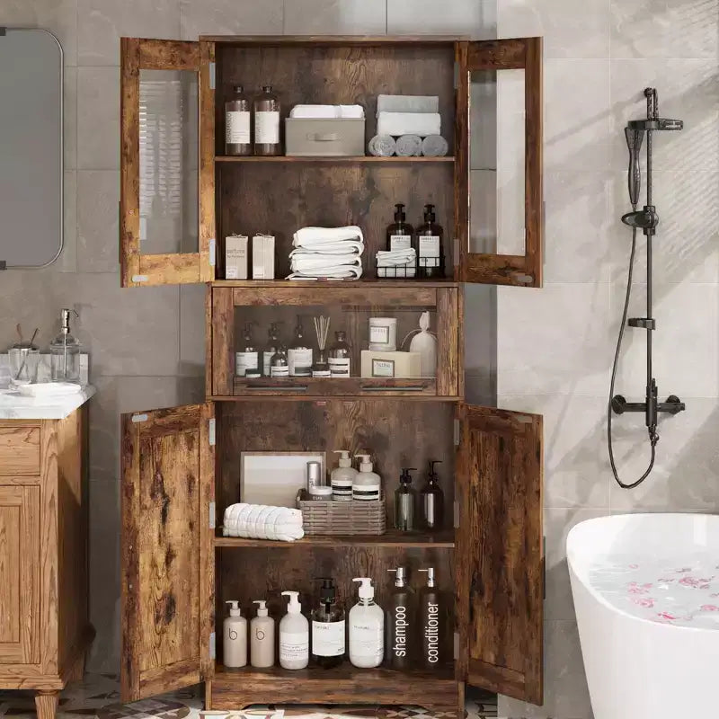 Meuble de salle de bain haut, armoire de rangement de 67 po avec portes vitrées et étagère réglable, armoire autoportante pour petits espaces, buanderie, salon