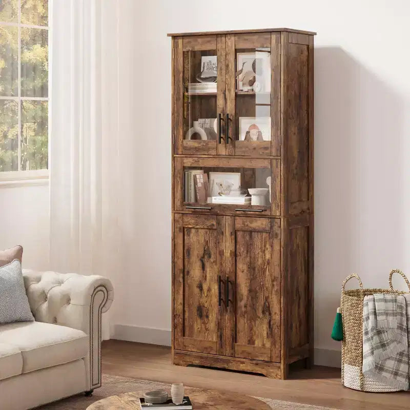 Meuble de salle de bain haut, armoire de rangement de 67 po avec portes vitrées et étagère réglable, armoire autoportante pour petits espaces, buanderie, salon