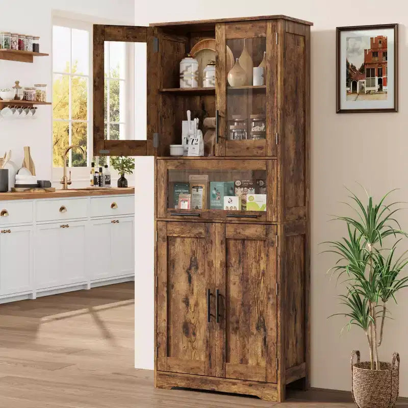 Meuble de salle de bain haut, armoire de rangement de 67 po avec portes vitrées et étagère réglable, armoire autoportante pour petits espaces, buanderie, salon