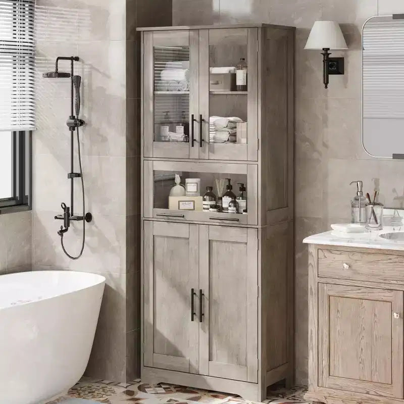 Meuble de salle de bain haut, armoire de rangement de 67 po avec portes vitrées et étagère réglable, armoire autoportante pour petits espaces, buanderie, salon
