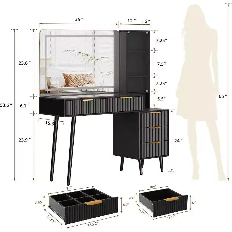 Coiffeuse cannelée de 122 cm avec miroir LED 36 lumières, 3 modes d'éclairage et prises intégrées, table de maquillage avec 5 tiroirs de rangement et plateau en verre pour chambre, gris