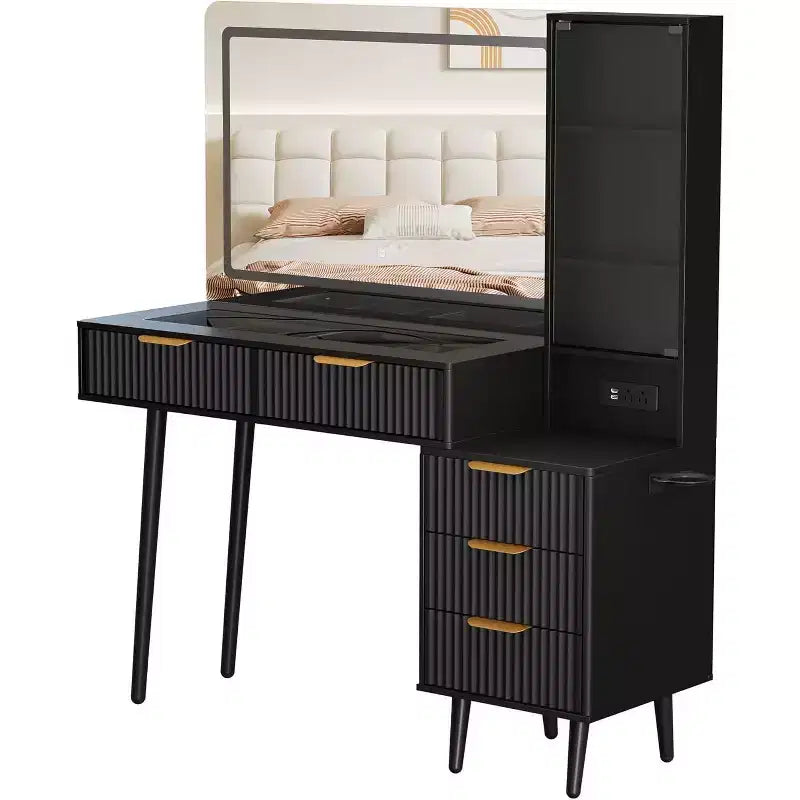 Coiffeuse cannelée de 122 cm avec miroir LED 36 lumières, 3 modes d'éclairage et prises intégrées, table de maquillage avec 5 tiroirs de rangement et plateau en verre pour chambre, gris