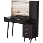 Coiffeuse cannelée de 122 cm avec miroir LED 36 lumières, 3 modes d'éclairage et prises intégrées, table de maquillage avec 5 tiroirs de rangement et plateau en verre pour chambre, gris