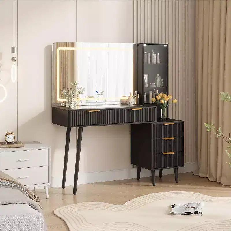 Coiffeuse cannelée de 122 cm avec miroir LED 36 lumières, 3 modes d'éclairage et prises intégrées, table de maquillage avec 5 tiroirs de rangement et plateau en verre pour chambre, gris