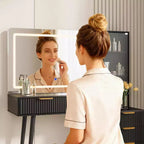 Coiffeuse cannelée de 122 cm avec miroir LED 36 lumières, 3 modes d'éclairage et prises intégrées, table de maquillage avec 5 tiroirs de rangement et plateau en verre pour chambre, gris