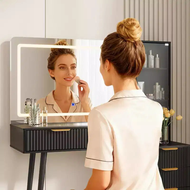 Coiffeuse cannelée de 122 cm avec miroir LED 36 lumières, 3 modes d'éclairage et prises intégrées, table de maquillage avec 5 tiroirs de rangement et plateau en verre pour chambre, gris