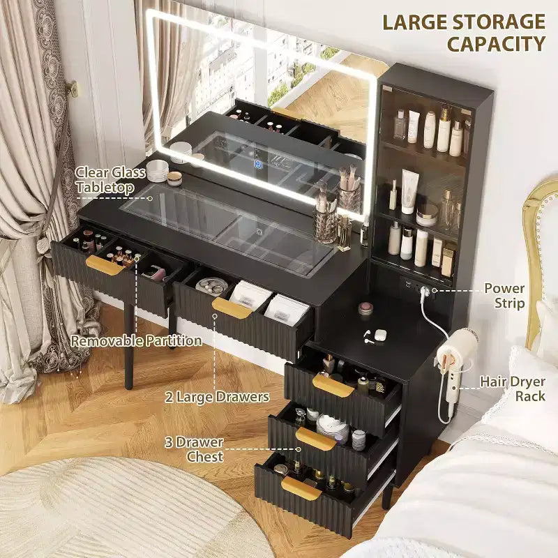 Coiffeuse cannelée de 122 cm avec miroir LED 36 lumières, 3 modes d'éclairage et prises intégrées, table de maquillage avec 5 tiroirs de rangement et plateau en verre pour chambre, gris